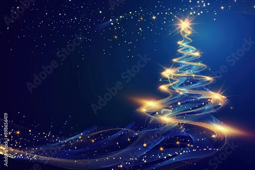 abstract christmas tree silhouette formed by swirling lines of light against a deep blue background twinkling stars and ornaments add festive sparkle