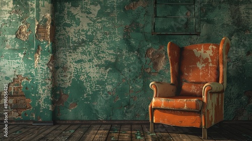 A worn, red armchair sits in an abandoned room with peeling green paint on the walls and wooden floorboards.