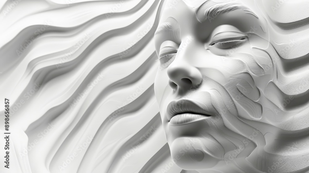 Abstract white sculpture of a woman's face with wavy lines in the background. The image is a minimalist and elegant representation of beauty and grace. Abstract white sculpture of a woman's face with wavy lines in the background. The image is a minimalist and elegant representation of beauty and grace.