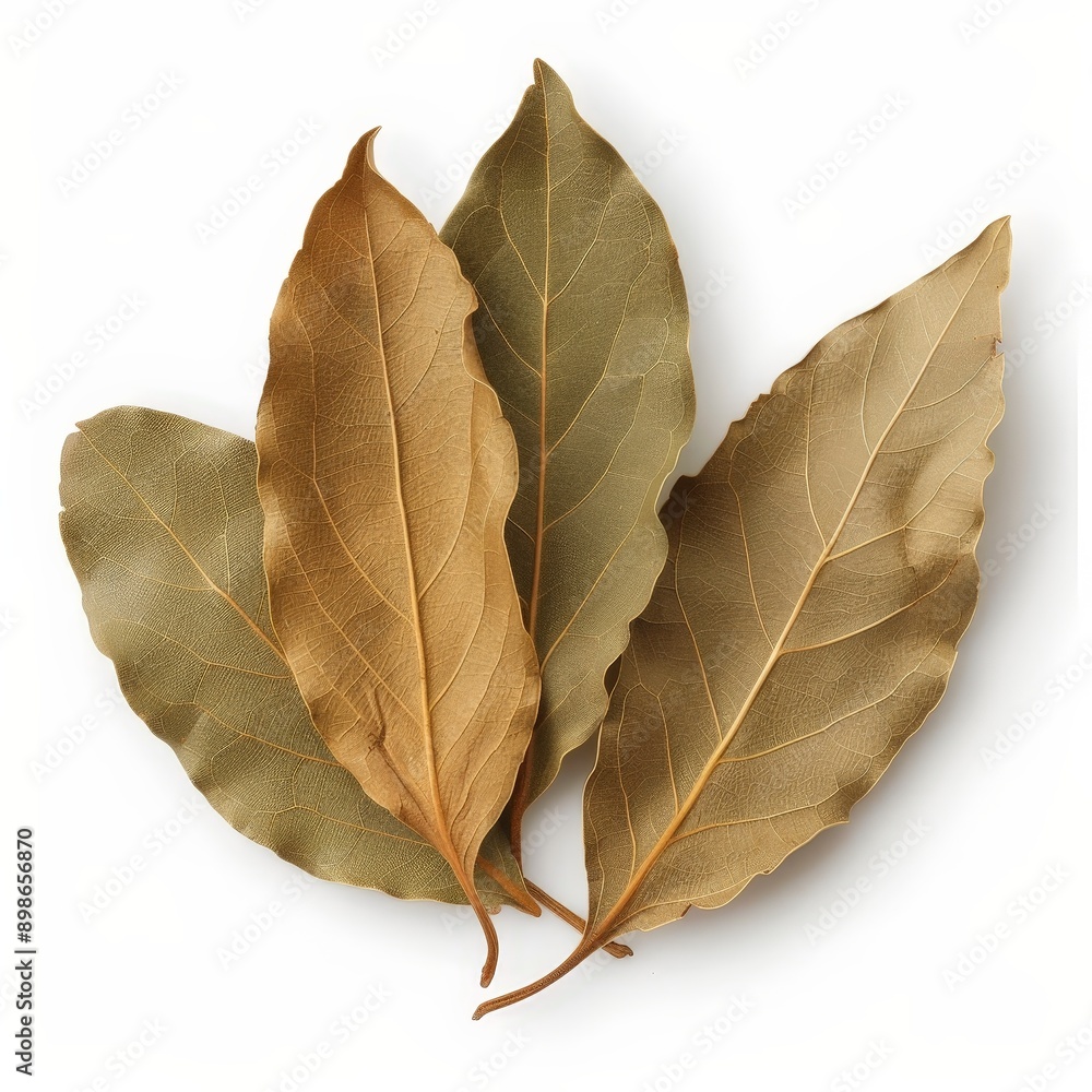 Fragrant Dried Bay Leaves Close-up on White Background - Aromatic Spice Detail Shot Fragrant Dried Bay Leaves Close-up on White Background - Aromatic Spice Detail Shot