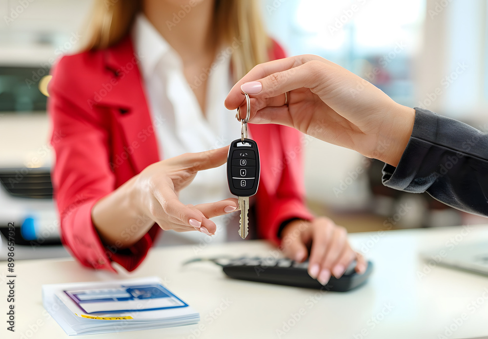 Fototapeta premium Female Sales Manager Smilingly Hands Over Car Keys to Customer, White Office Desk Setting with Documents