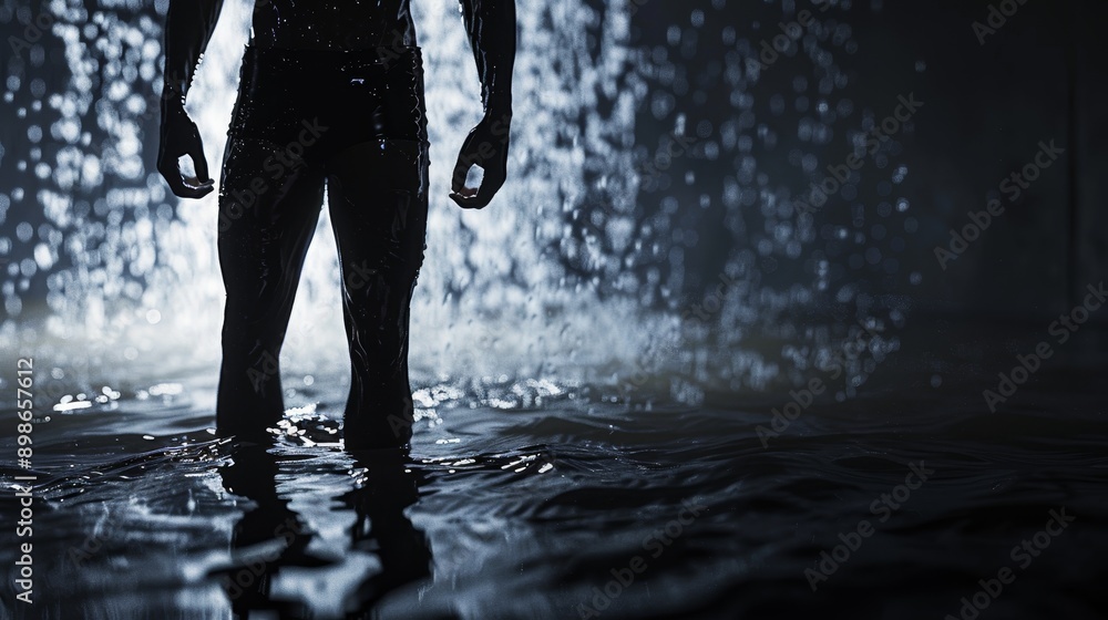 Fototapeta premium Silhouette of a man standing in a pool of water with a waterfall in the background.