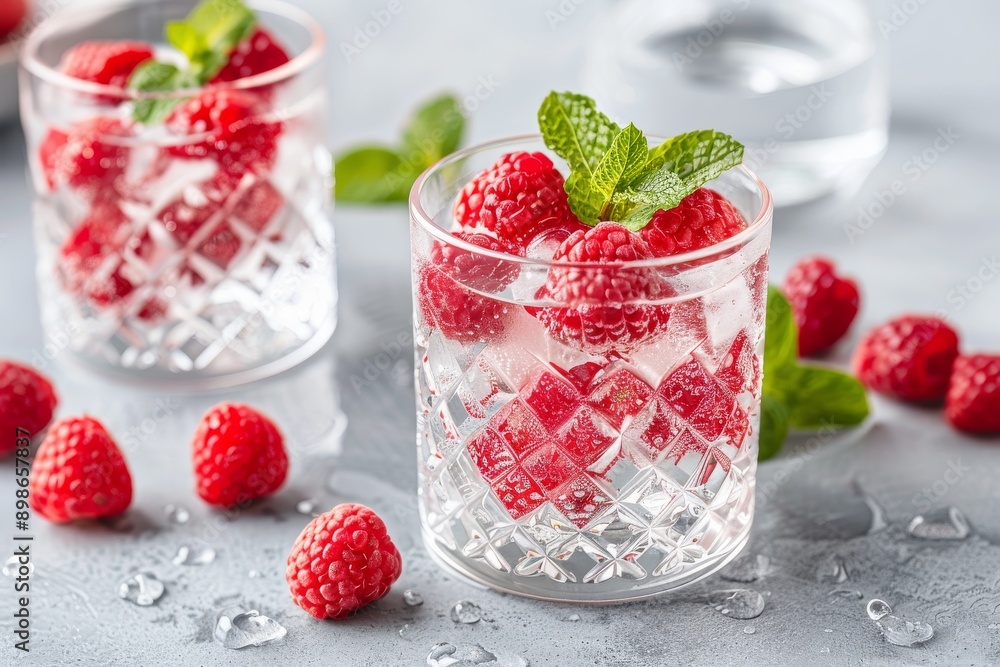 Sparkling raspberry drink with ice in a crystal glass capturing elegance freshness and vibrant colors perfect for upscale events and beverage advertising Sparkling raspberry drink with ice in a crystal glass capturing elegance freshness and vibrant colors perfect for upscale events and beverage advertising
