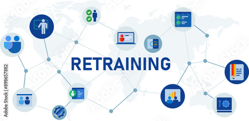 retraining reskilling up skilling concept blue color icon set