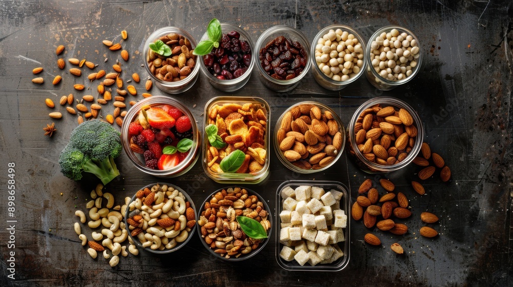 Fototapeta premium A variety of nuts and seeds are displayed in glass containers on a table