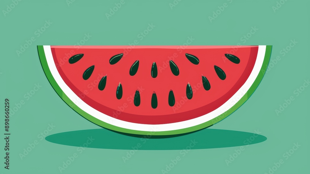 Vibrant illustration of a sliced watermelon, showcasing its juicy red flesh and seeds against a mint green background. Vibrant illustration of a sliced watermelon, showcasing its juicy red flesh and seeds against a mint green background.