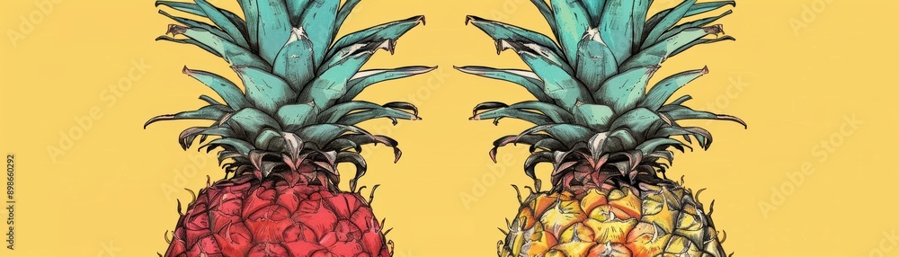 Obraz premium Vibrant illustration of two pineapples on a sunny yellow background, perfect for tropical themes and summer designs.