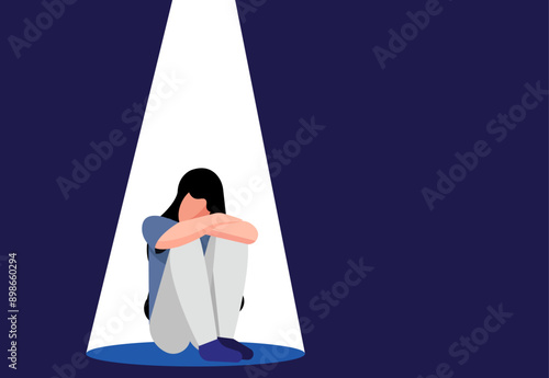 Sad person sitting, hope amid darkness illustration