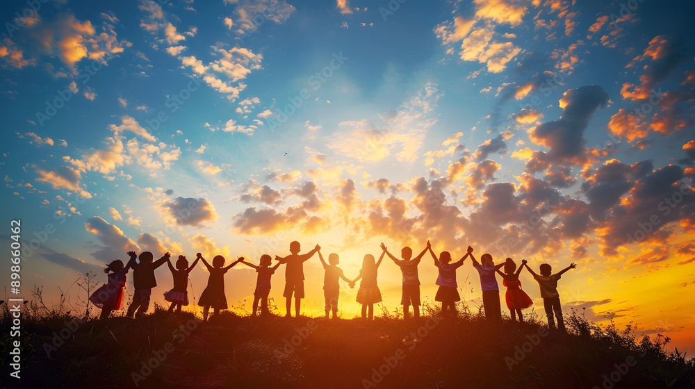 A group of silhouetted people holding hands in celebration against a vibrant sunset sky. A group of silhouetted people holding hands in celebration against a vibrant sunset sky.
