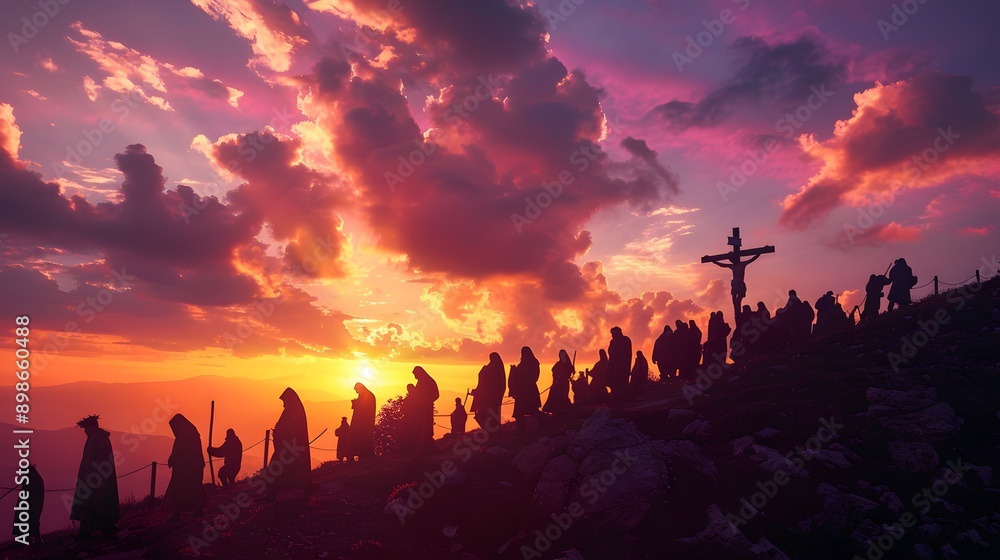 A silhouetted group of robed figures walk towards a cross against a vibrant sunset backdrop, creating a dramatic and spiritual scene. A silhouetted group of robed figures walk towards a cross against a vibrant sunset backdrop, creating a dramatic and spiritual scene.