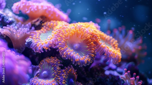 Zoanthids, a colorful coral, showing their polyps in an aquarium with blue background © ProVector