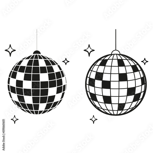 Mirror disco ball with glitters. Discoball for music party. Shining nightclub sphere. Mirrorball in discotheque style. Nightlife symbol. Black and white vector illustration isolated on white backgroun