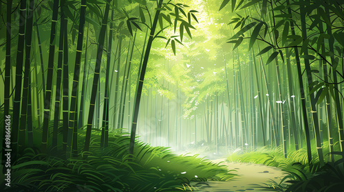 Serene bamboo forest with a winding path, soft light filtering through, peaceful ambianceVector illustrations