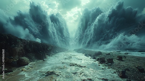 A stunning depiction of powerful waves crashing against rocky shores, showcasing the raw beauty and intensity of nature's forces. 