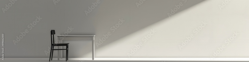 A single black chair sits beside a white table in a white room, illuminated by sunlight streaming through a window. Generative AI