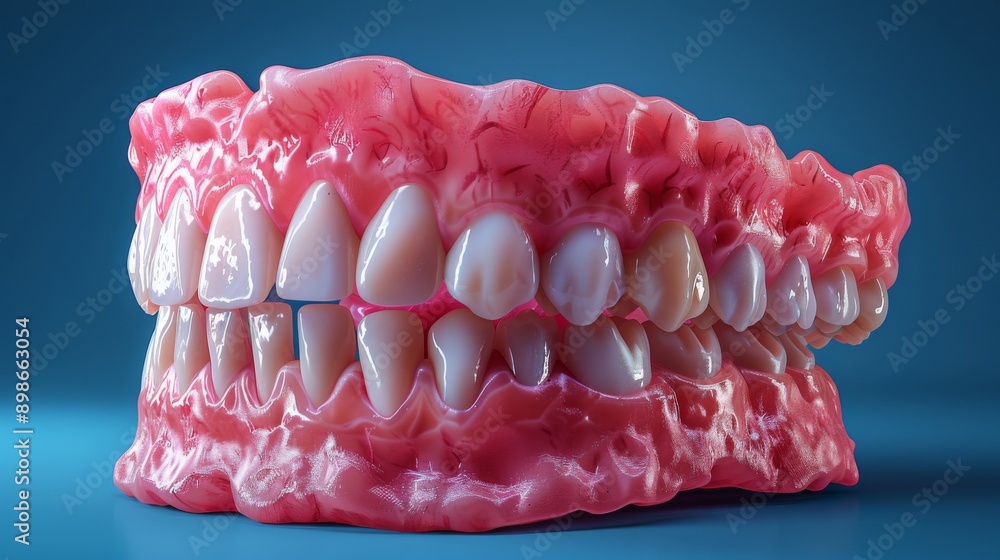 Fototapeta premium Anatomical model of human teeth and gums showing gingivitis on a blue background