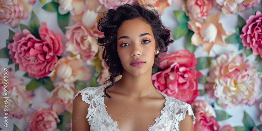 Teen pinup girl wears a beautiful white dress adorned with lace, her hair elegantly styled into soft waves. She poses demurely in front of a chic floral backdrop. Teen pinup girl wears a beautiful white dress adorned with lace, her hair elegantly styled into soft waves. She poses demurely in front of a chic floral backdrop.
