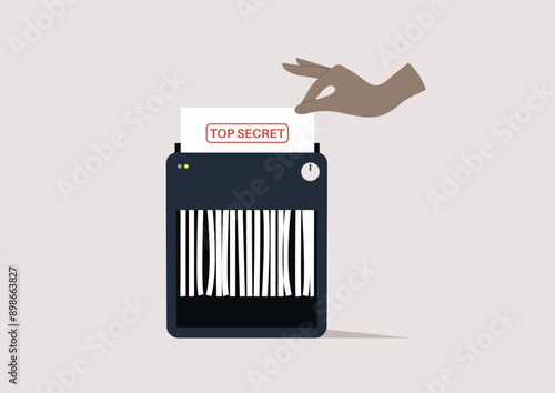 A hand inserts a sheet of paper marked Top Secret into a shredder, destroying the evidence