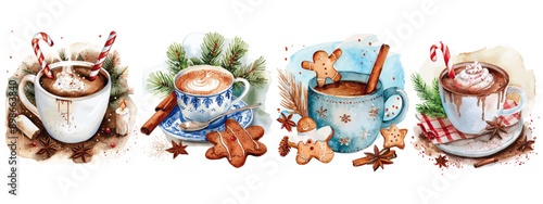 Four festive cups of hot cocoa, each paired with holiday treats like candy canes, gingerbread cookies, and cinnamon sticks, perfect for winter. Festive Hot Cocoa Cups with Holiday Treats

