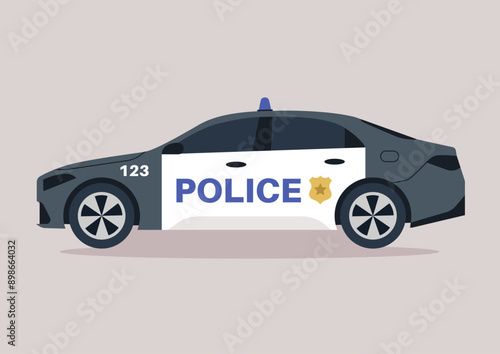 A police sedan stands on the street, safeguarding the urban neighborhood