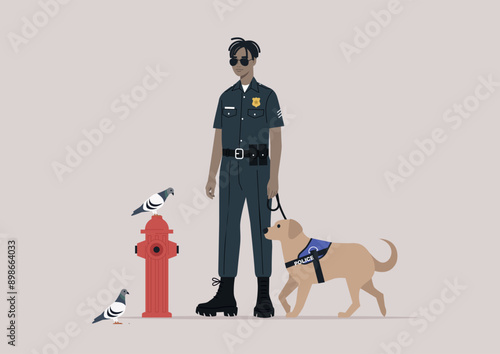 A poised police officer stands beside a trained service dog, surveying the area while pigeons gather near a fire hydrant