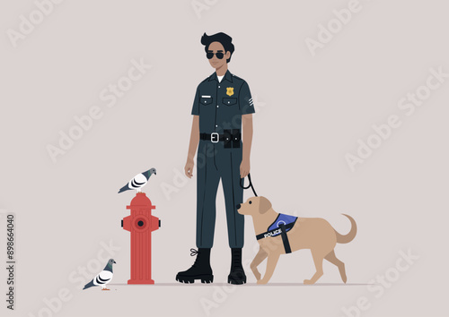 A poised police officer stands beside a trained service dog, surveying the area while pigeons gather near a fire hydrant