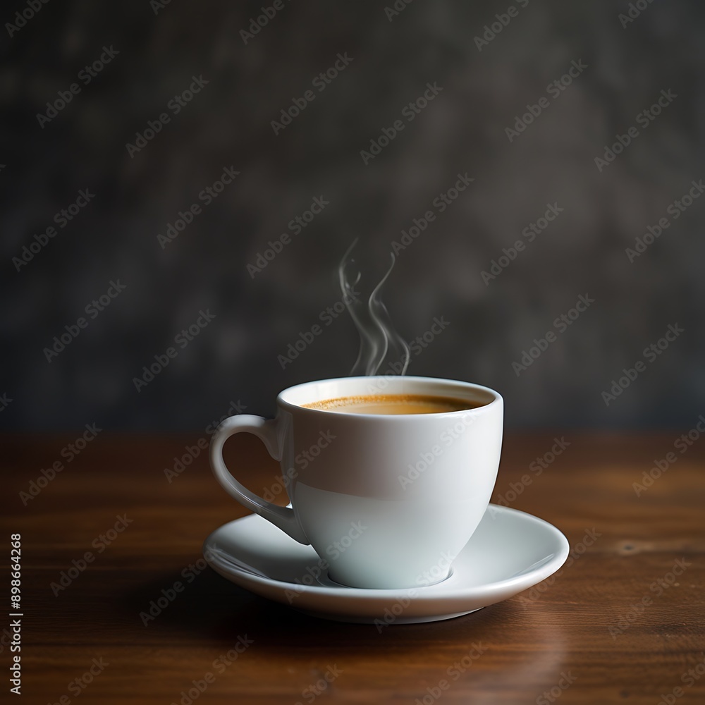 There is a white coffee cup sitting on a wooden table There is a white coffee cup sitting on a wooden table