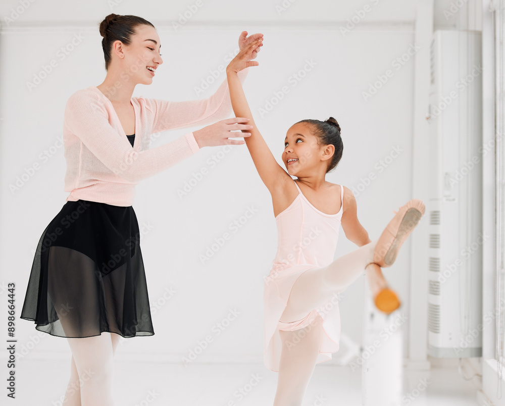 Fototapeta premium Stretching, teacher and kid in ballet class for learning, sports and development for art. Happy, woman and girl child in dance studio for lesson, wellness or practice for talent show and performance