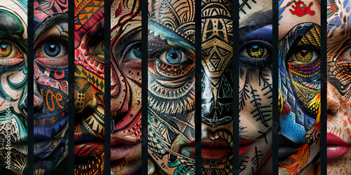 Tribal Tattoo Tapestry: A collage of colorful tribal tattoos adorning various parts of a woman's body, on display at a tattoo parlor. © Lila Patel