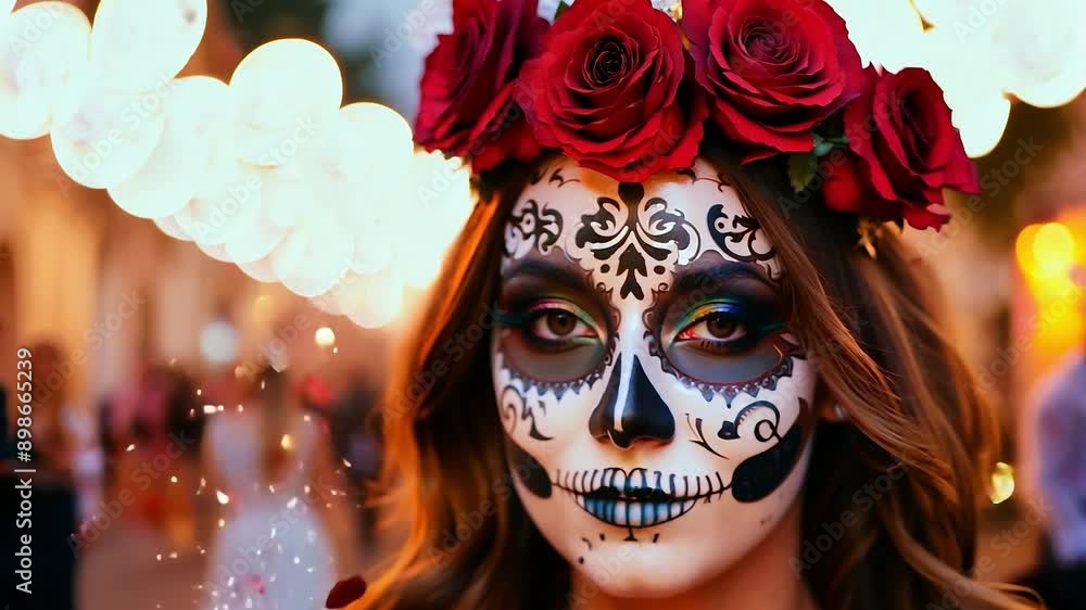 Woman with sugar skull makeup and flower crown. Day of the Dead celebration concept for design and print. Woman with sugar skull makeup and flower crown. Day of the Dead celebration concept for design and print.