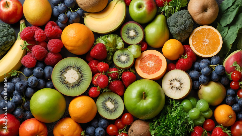 Assortment of fruits and vegetables on a black background. Various colors of healthy and nutritious fresh food. AI-Generated Assortment of fruits and vegetables on a black background. Various colors of healthy and nutritious fresh food. AI-Generated