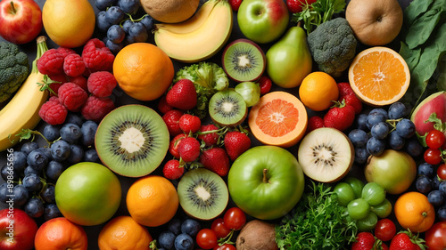 Assortment of fruits and vegetables on a black background. Various colors of healthy and nutritious fresh food. AI-Generated