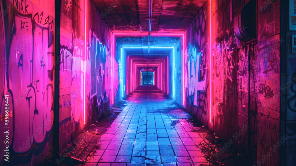 A tunnel illuminated with vibrant neon lights and decorated with colorful graffiti, creating a visually striking and artistic urban environment. A tunnel illuminated with vibrant neon lights and decorated with colorful graffiti, creating a visually striking and artistic urban environment.