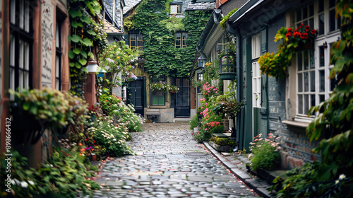 A picturesque, charming cobblestone street surrounded by lush green plants and quaint old houses, evoking a sense of nostalgia and calm.