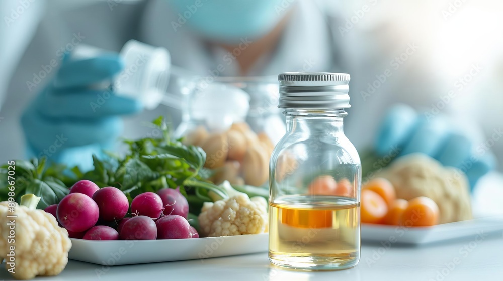 Scientist studying a bottle of plant-based extract with fresh vegetables. Scientist studying a bottle of plant-based extract with fresh vegetables.