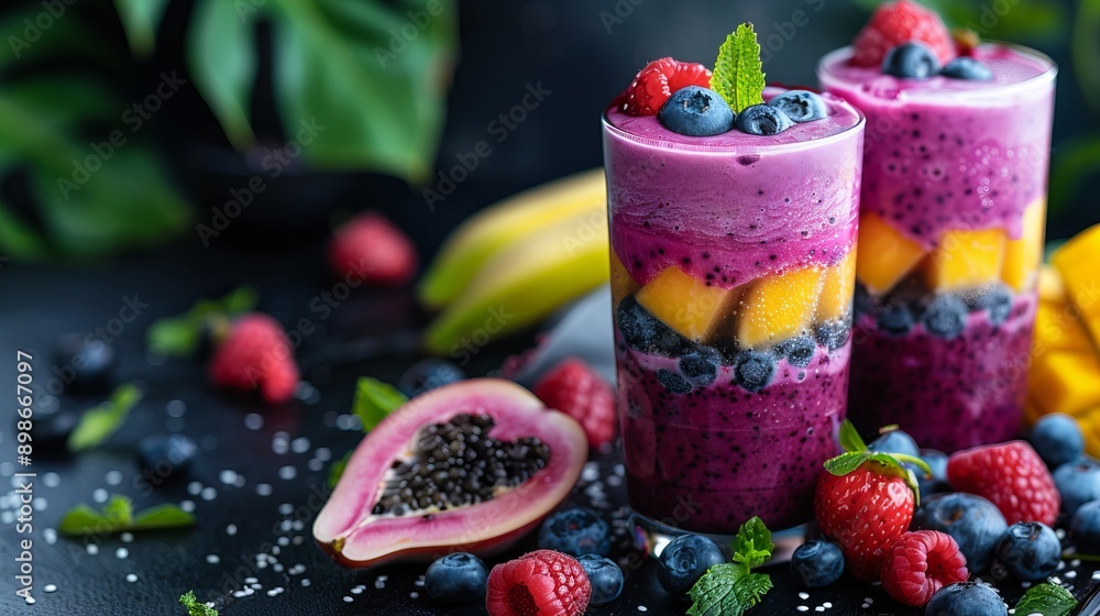 Colorful layered smoothie jars with fresh berries, mango, and banana, topped with mint leaves on a dark background. Colorful layered smoothie jars with fresh berries, mango, and banana, topped with mint leaves on a dark background.