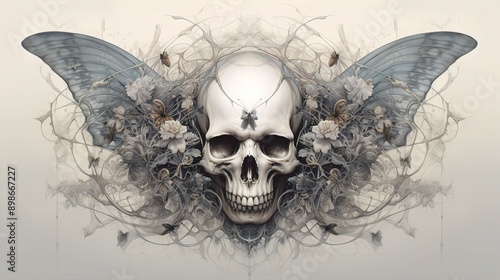 An ethereal drawing of a skull surrounded by delicate butterfly wings, blending macabre and beauty in a dream-like composition.
