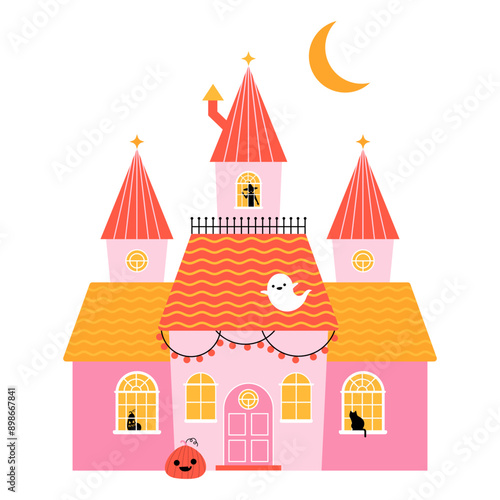 Halloween Haunted house with witch, ghost, pumpkins and cat. Vector illustration isolated on white background. Scary ghost house on Halloween night. Halloween house simple clipart vector illustration photo