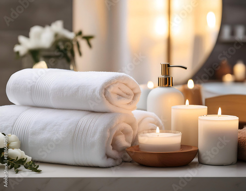  Spa Background with Towels and Candles- A serene setting with white towels, luxury cand_1(413) photo