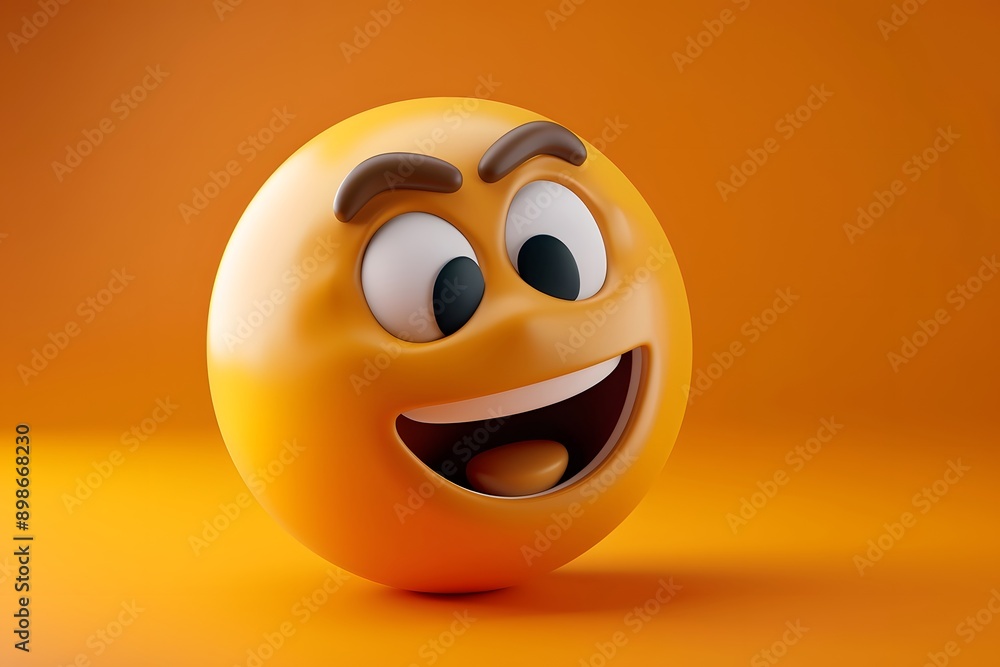 Fototapeta premium Playful 3D emoticon with a wide smile and raised eyebrows against an orange background.