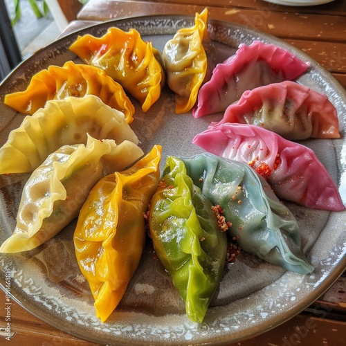 Vibrant dumplings on a plate. Colorful and appetizing dumplings served on a rustic plate. Perfect for food blogs and menus. photo