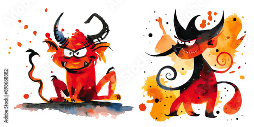 Whimsical watercolor illustrations of playful devil characters, perfect for Halloween themes, fantasy designs, and creative projects. Playful Devil Characters Watercolor vector

