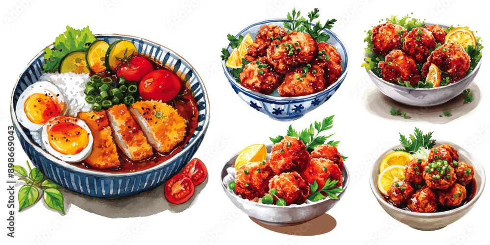 Various Japanese dishes featuring meat, including ramen with fried chicken and bowls of meatballs, garnished with fresh herbs and vegetables. Assorted Japanese Cuisine with Meat Dishes

