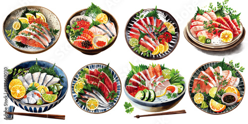 Detailed watercolor illustrations of assorted Japanese sashimi bowls, showcasing a variety of fresh seafood, perfect for culinary and food-themed projects. Assorted Japanese Sashimi Bowls Watercolor 
