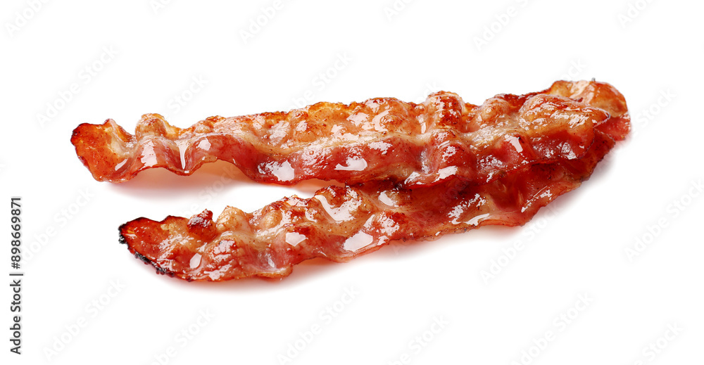 Slices of tasty fried bacon isolated on white Slices of tasty fried bacon isolated on white
