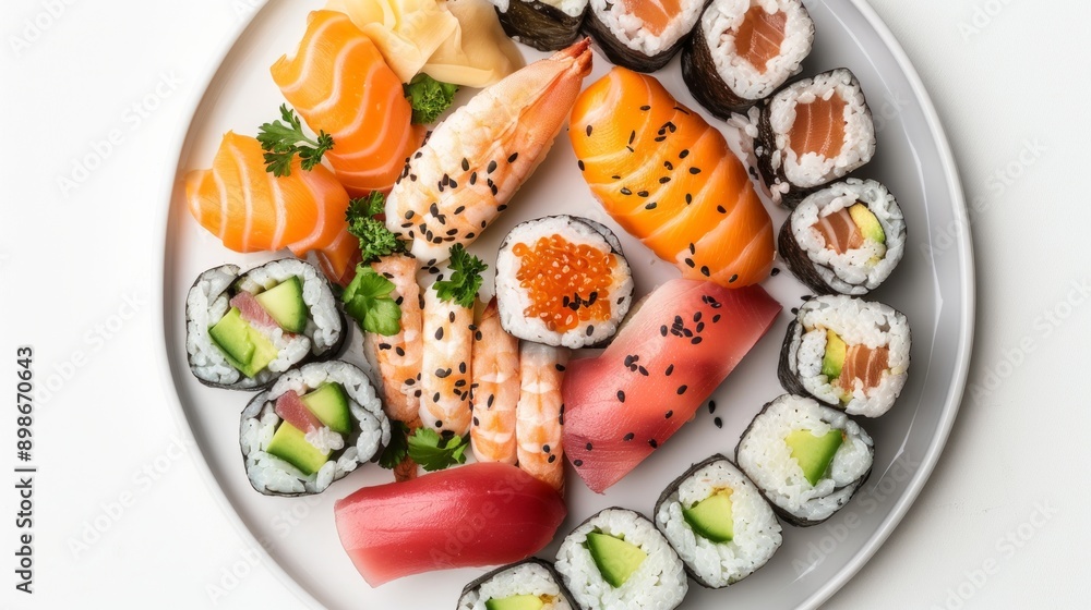 A delicious assortment of sushi on a white plate featuring colorful nigiri, maki, and sashimi pieces. Perfect for culinary websites and Japanese cuisine promotions. AI A delicious assortment of sushi on a white plate featuring colorful nigiri, maki, and sashimi pieces. Perfect for culinary websites and Japanese cuisine promotions. AI
