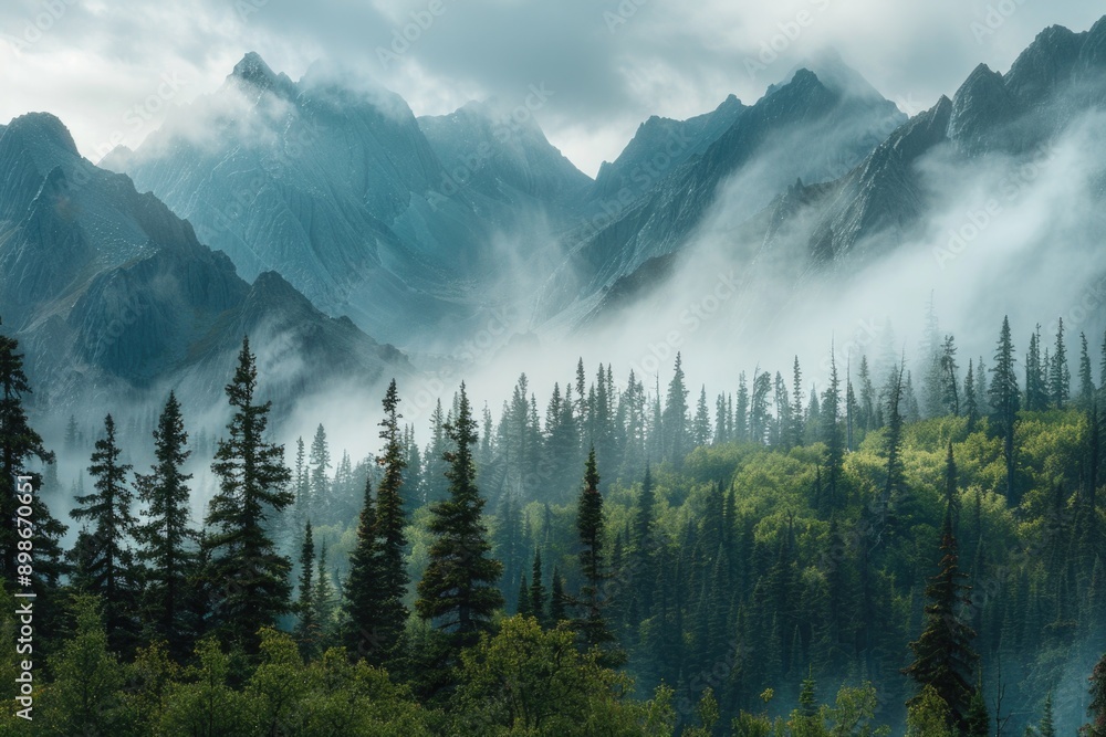 Obraz premium A scenic view of a mountain range with trees in the foreground, ideal for use in travel or nature-themed projects