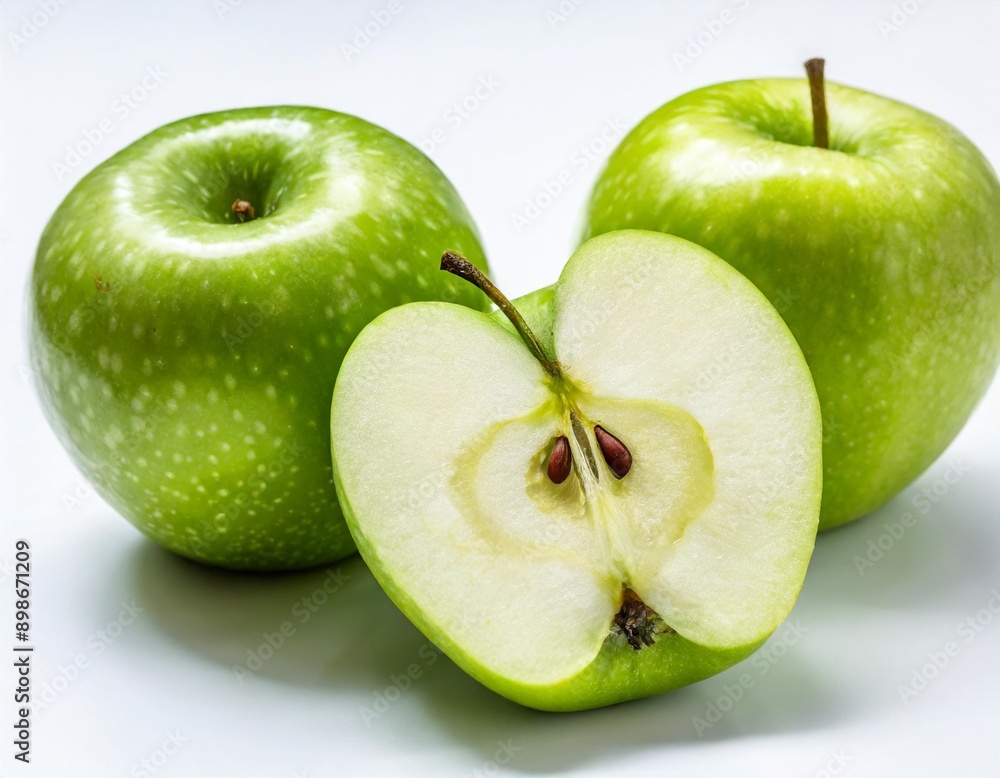 Two green apples and half of green apple on white background. File contains clipping path. Two green apples and half of green apple on white background. File contains clipping path.