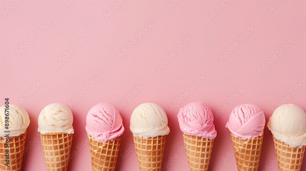 Ice cream in waffle cones arranged in a row, National Ice Cream Month, with copy space Ice cream in waffle cones arranged in a row, National Ice Cream Month, with copy space