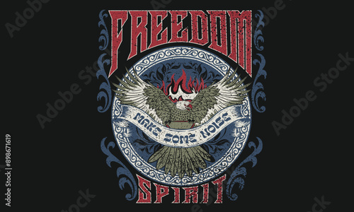 Freedom spirit. Make some noise. music world tour logo. Rock and roll graphic print design for apparel, stickers, posters and background. Eagle fly vector artwork design for t-shirt and others.
